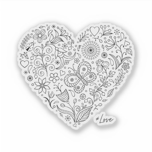 Floral Heart Doodle Romantic Botanical Line Art シール (正面)