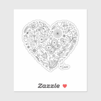 Floral Heart Doodle Romantic Botanical Line Art シール