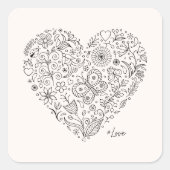 Floral Heart Doodle Romantic Botanical Line Art スクエアシール (正面)