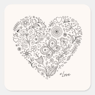 Floral Heart Doodle Romantic Botanical Line Art スクエアシール