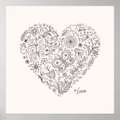 Floral Heart Doodle Romantic Botanical Line Art ポスター (正面)
