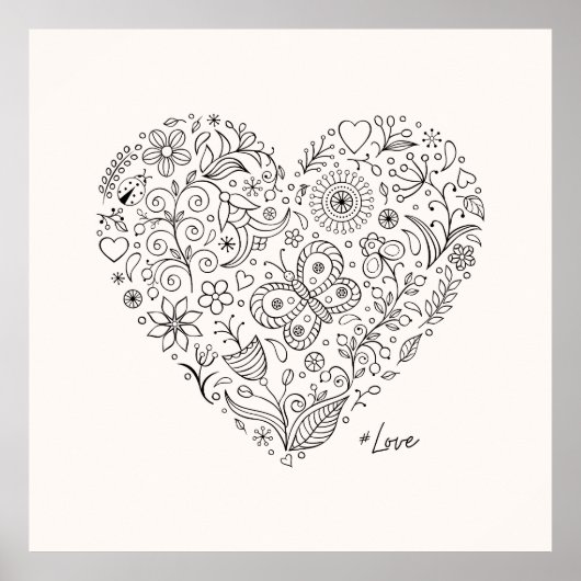 Floral Heart Doodle Romantic Botanical Line Art ポスター (正面)