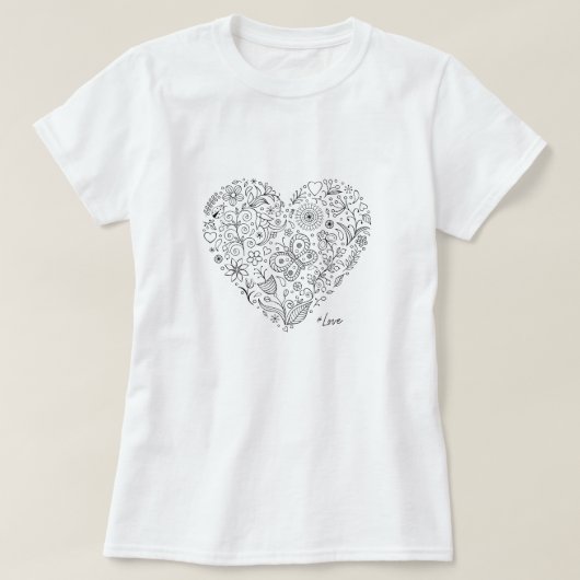 Floral Heart Doodle Romantic Botanical Line Art Tシャツ (デザイン正面)