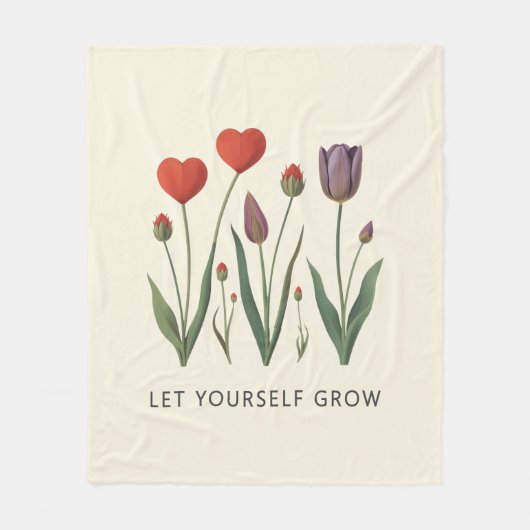 Floral Heart Tulips Let Yourself Grow Quote フリースブランケット (正面)