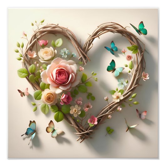 Floral Heart Wreath with Butterflies Romantic フォトプリント (正面)