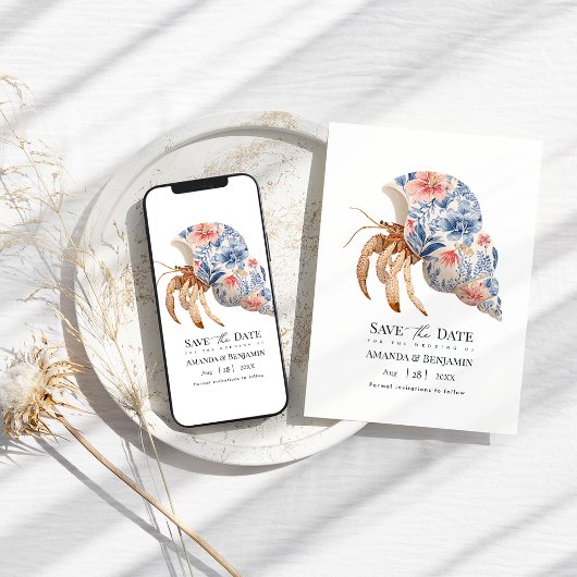 Floral Hermit Crab Coastal Beach Wedding Nautical セーブザデート