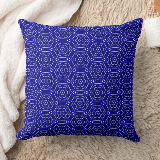 Floral Hexagons Dark Blue Throw Pillow クッション (ブランケット)