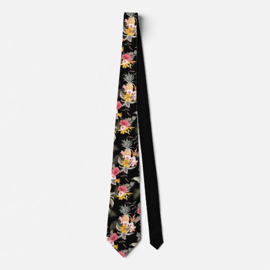 Floral Hibiscus Pineapple Hawaiian Print on Black ネクタイ (正面)