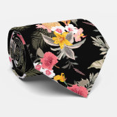 Floral Hibiscus Pineapple Hawaiian Print on Black ネクタイ (ロール)