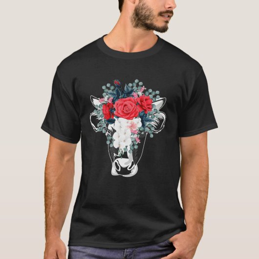 Floral Highland Cow Heifer Dairy Farm Animal Wildf Tシャツ (正面)