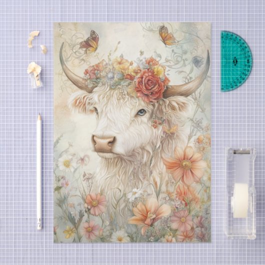 Floral Highland Cow Vintage Illustration Decoupage 薄葉紙 (クラフト)