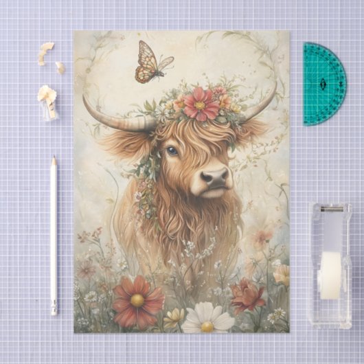 Floral Highland Cow With Wildflowers Decoupage 薄葉紙 (クラフト)