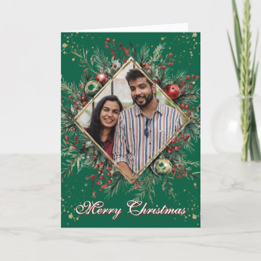 Floral Holly Wreath Photo Christmas シーズンカード (正面)