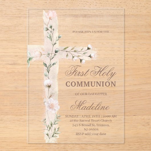 floral Holy cross First Communion アクリル招待状 (正面)