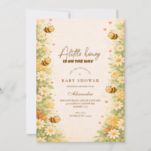 Floral Honey Bee Baby Shower 招待状 (正面)