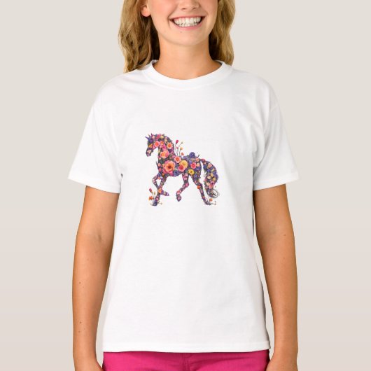 Floral Horse Flower Art T-Shirt Tシャツ (正面)