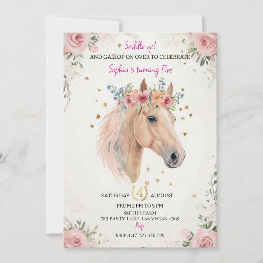Floral Horse Kids Birthday Invite Template 招待状 (正面)