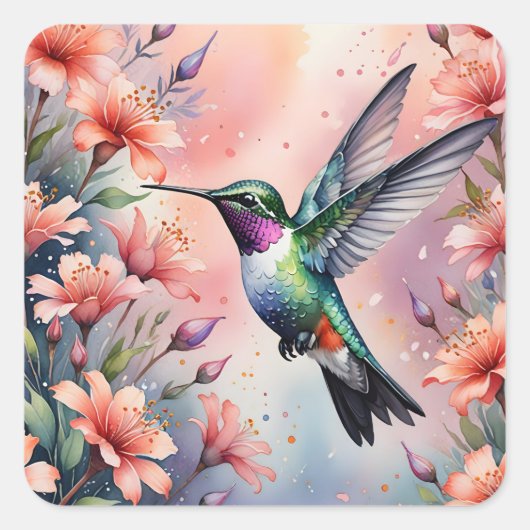 floral hummingbird stickers スクエアシール (正面)