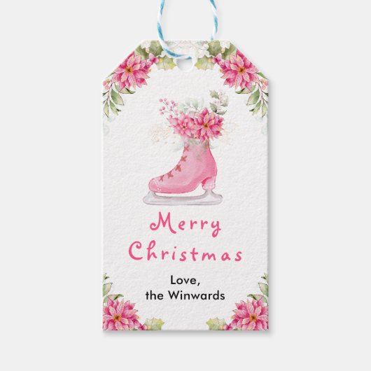 Floral Ice Skate Pink Merry Christmas ギフトタグ (正面)