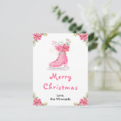 Floral Ice Skate Pink Merry Christmas シーズンポストカード (スタンド正面)