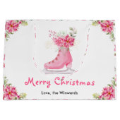 Floral Ice Skate Pink Merry Christmas ラージペーパーバッグ (正面)