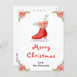Floral Ice Skate Red Merry Christmas シーズンポストカード