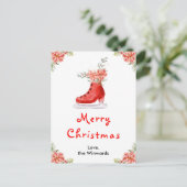 Floral Ice Skate Red Merry Christmas シーズンポストカード (スタンド正面)