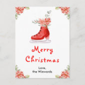 Floral Ice Skate Red Merry Christmas シーズンポストカード (正面)