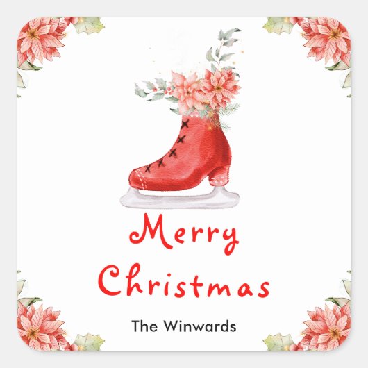 Floral Ice Skate Red Merry Christmas スクエアシール (正面)