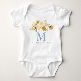 Floral Initial Baby Bodysuit | Blue Monogram Name ベビーボディスーツ