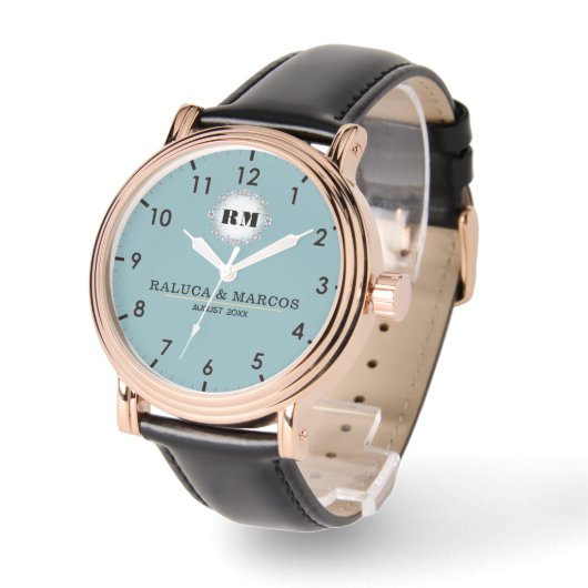  Floral initials couple names blue romantic design 腕時計 (傾斜)