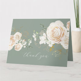 Floral Ivory Roses Sage Green Gold Elegant Wedding サンキューカード