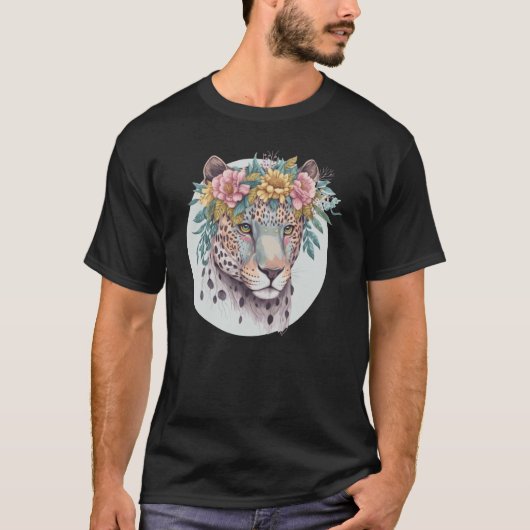 Floral Jaguar Flower Crown Watercolor Animal Tシャツ (正面)