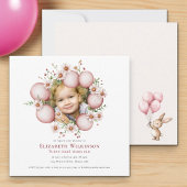 Floral kids  Photo pink Birthday Invite 招待状