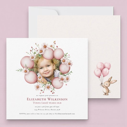 Floral kids  Photo pink Birthday Invite 招待状