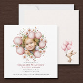 Floral kids  Photo pink Birthday Invite 招待状