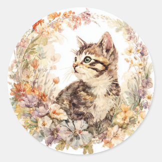 Floral Kitten Sticker Sheet ラウンドシール