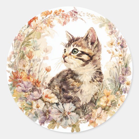 Floral Kitten Sticker Sheet ラウンドシール (正面)