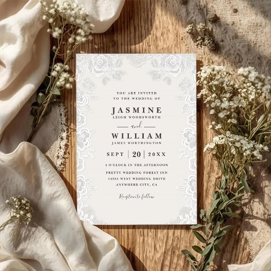 Floral Lace Rustic Country Elegant QR Code Wedding 招待状