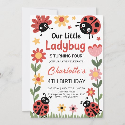 Floral ladybug birthday 招待状 (正面)
