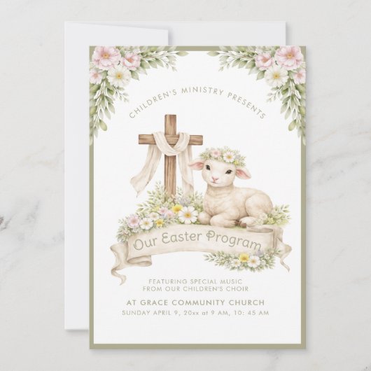 Floral Lamb with Cross | Easter Program Invitation 招待状 (正面)