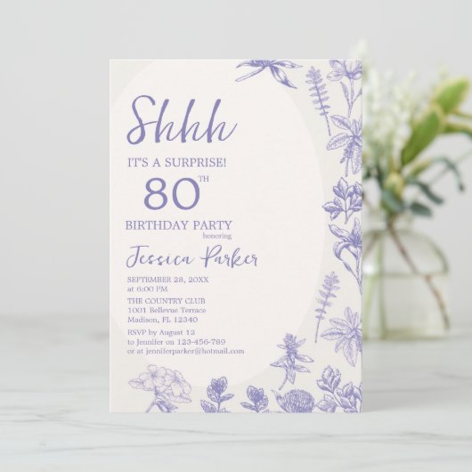 Floral Lavender Blue  80th Birthday 招待状 (スタンド正面)