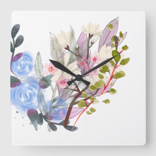 Floral Leaves Art – Elegant Flowers and Botanical スクエア壁時計 (正面)