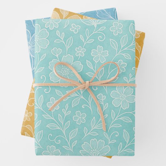 Floral Leaves Art Pattern On Turquoise Blue Yellow ラッピングペーパーシート (インサイチュ)