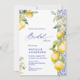 Floral Lemon Mediterranean Blue Tile Bridal Shower 招待状