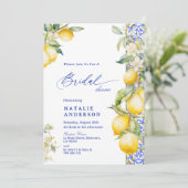 Floral Lemon Mediterranean Blue Tile Bridal Shower 招待状 (スタンド正面)