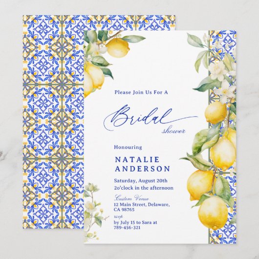 Floral Lemon Mediterranean Blue Tile Bridal Shower 招待状 (正面/裏面)