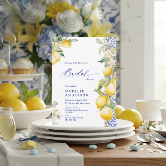 Floral Lemon Mediterranean Blue Tile Bridal Shower 招待状