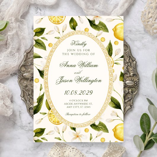 Floral Lemon yellow seamless wedding 招待状