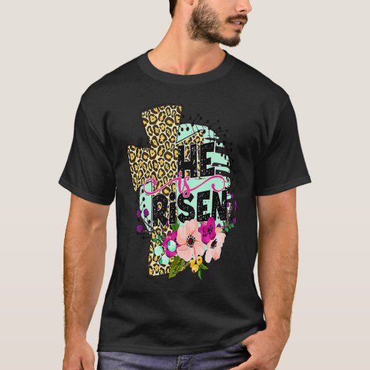 Floral Leopard Cross He Risen Jesus Faith Christ G Tシャツ (正面)